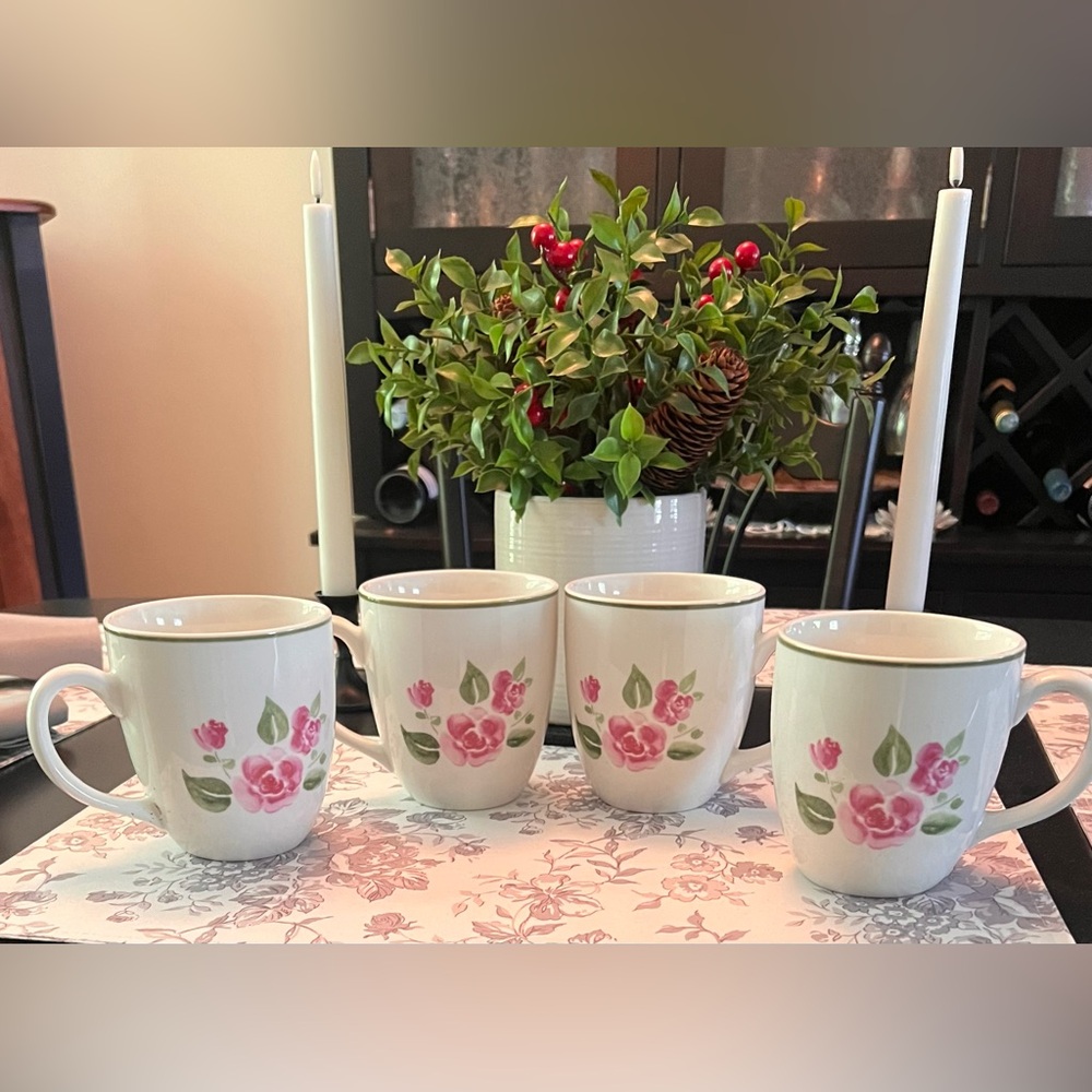 Pottery China Mugs Set - Pink and Green